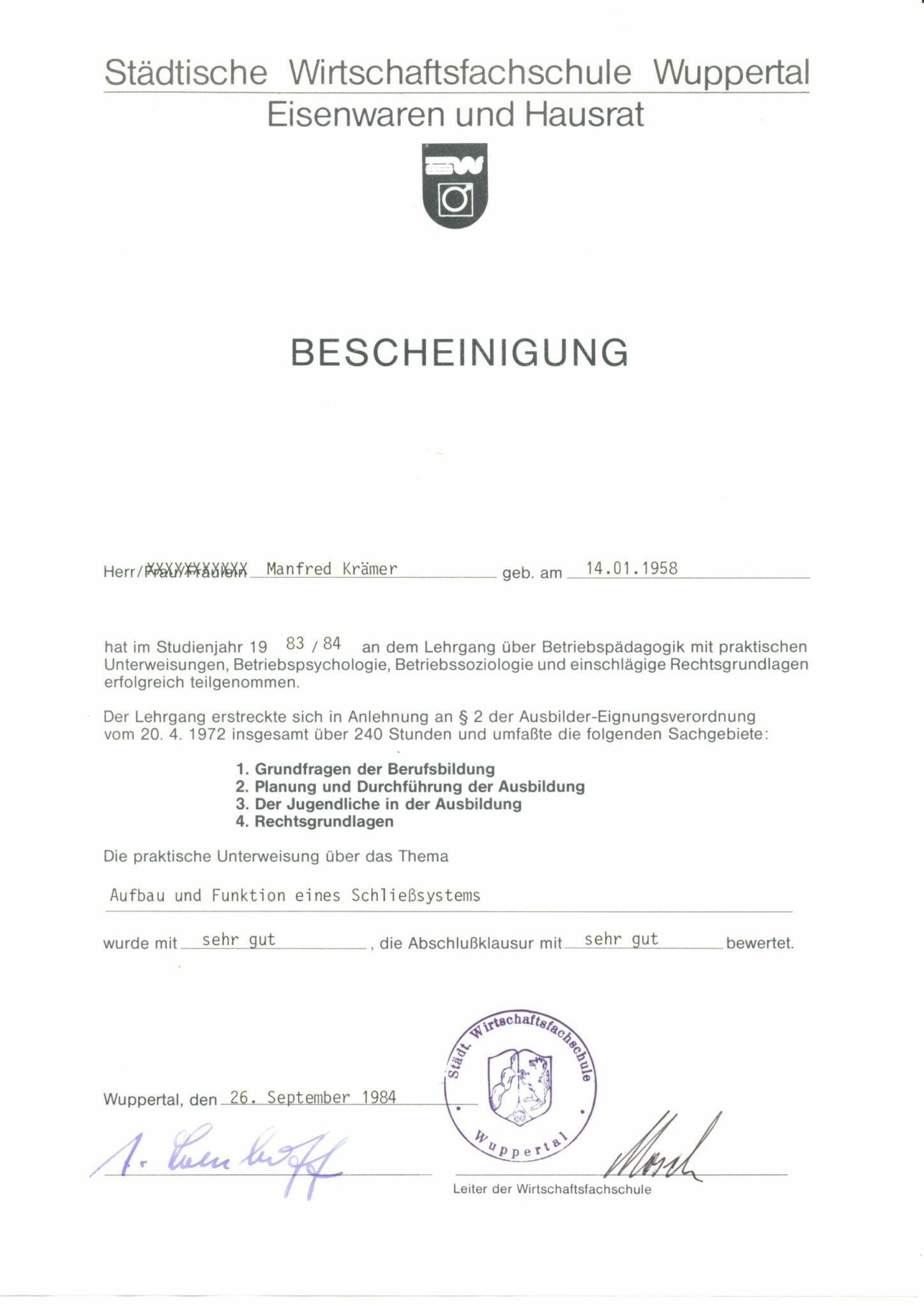 Pädagogik Zertifikat 1984
